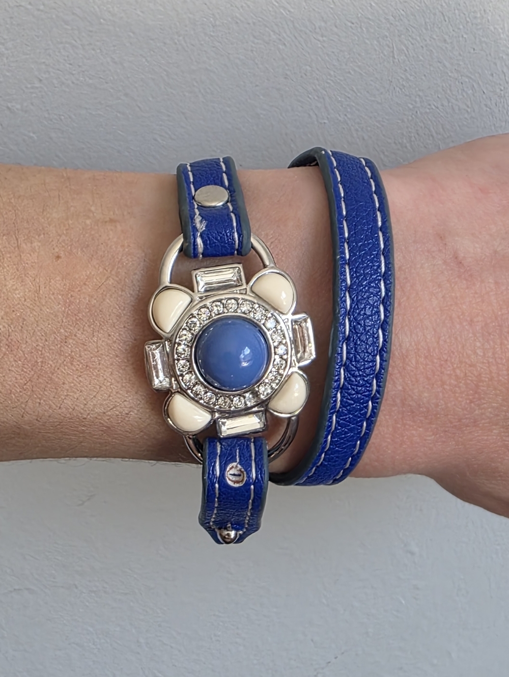 Lia Sophia Blue Wrap Bracelet Faux Leather Silver Tone Crystal Adjustable